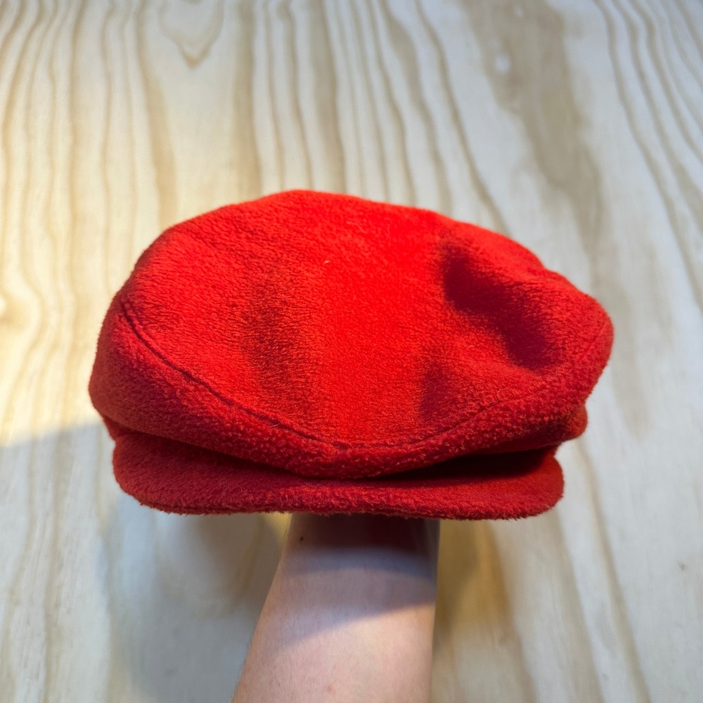 Red Fleece Flat Cap Newsboy Hat Mountain Embroidered Patch Snap Brim Size S